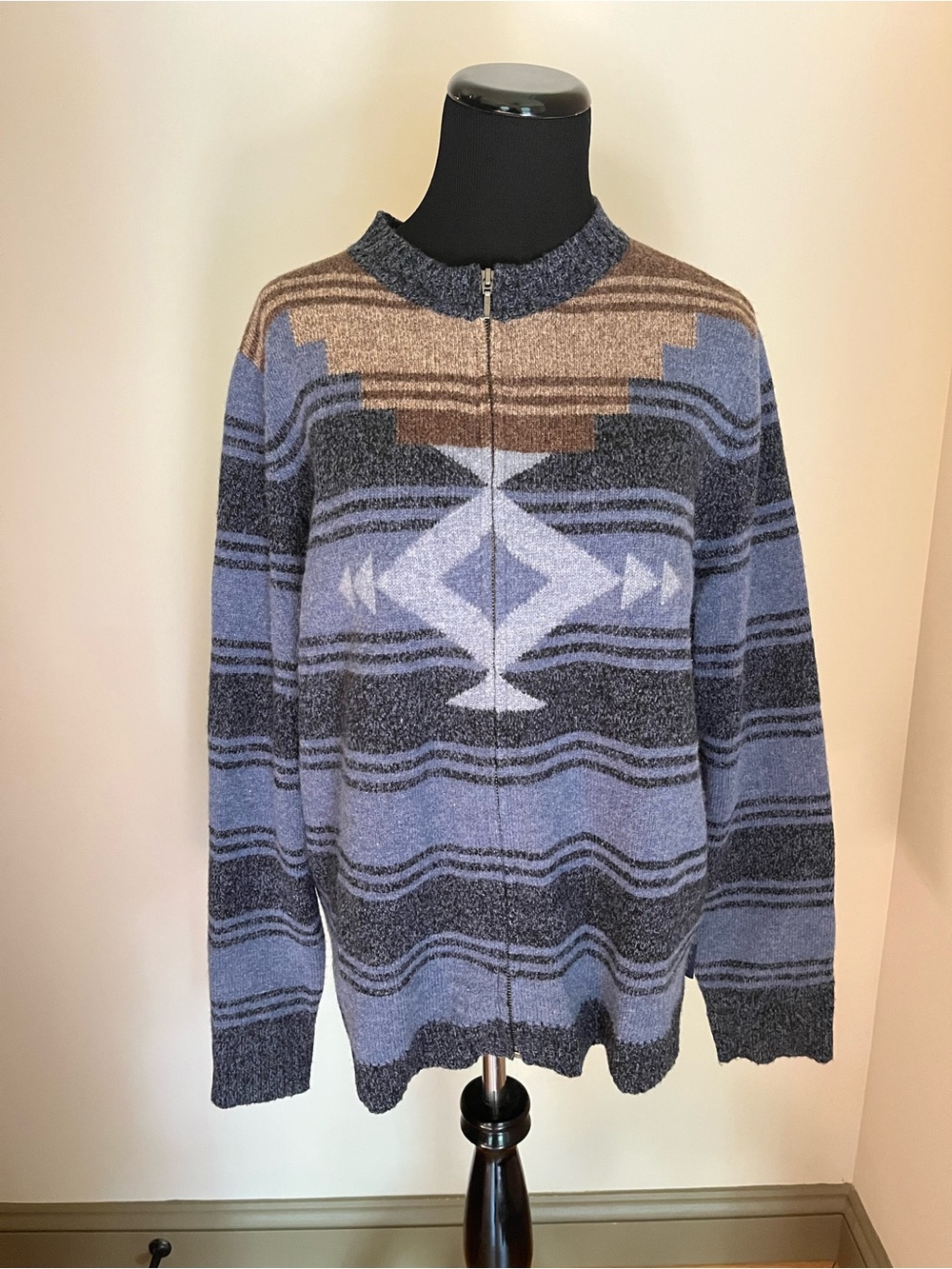 Woolrich Jacket Aztec Print Lamb’s Wool Blue Full Zip Blue Brown XL southwestern